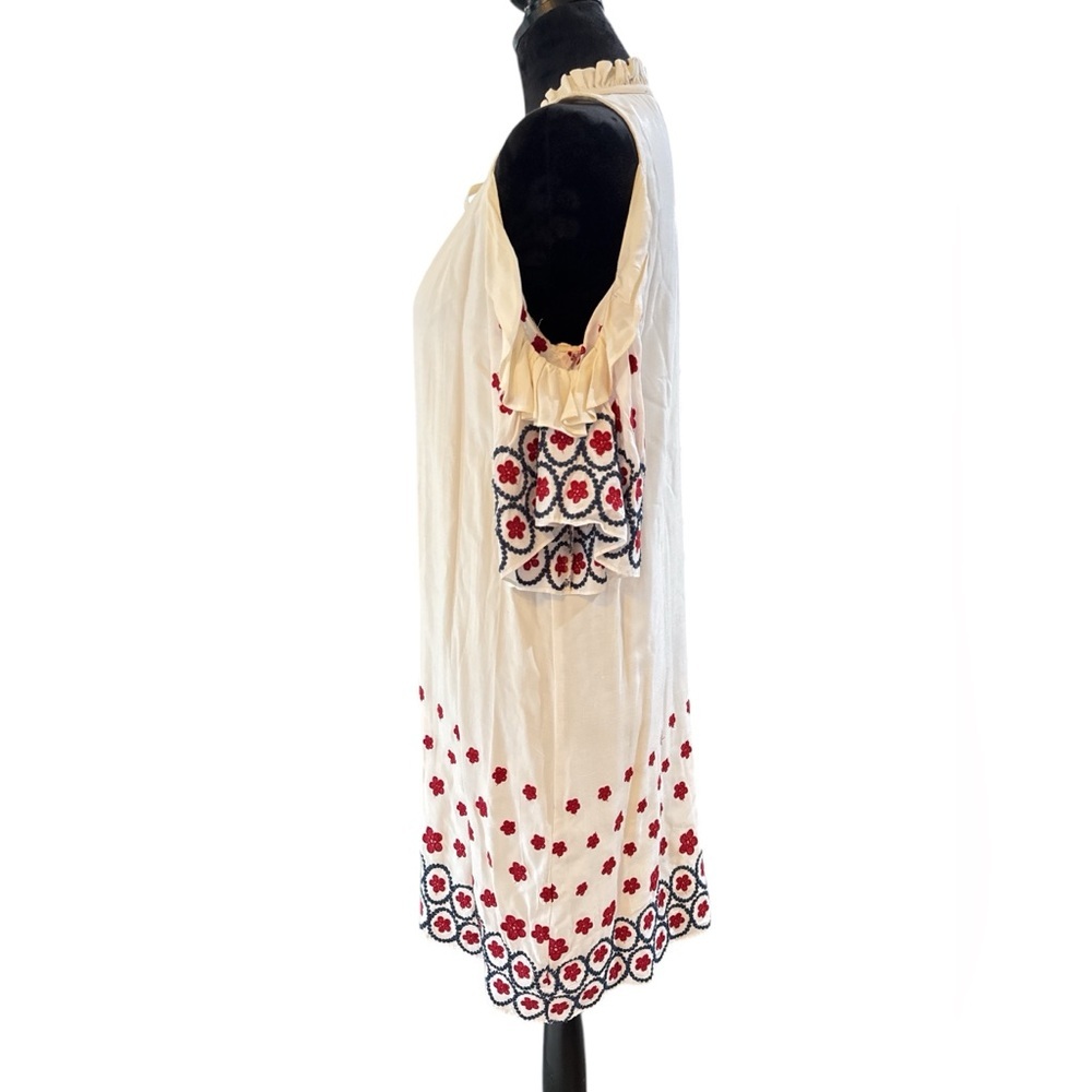 Saks Fifth Avenue Cream Embroidered Cold Shoulder Dress Boho Peasant Tunic Sz M - Picture 3 of 11